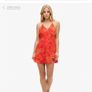 Gold Japanese Inspired Prints on a Red Mini Slip Dress